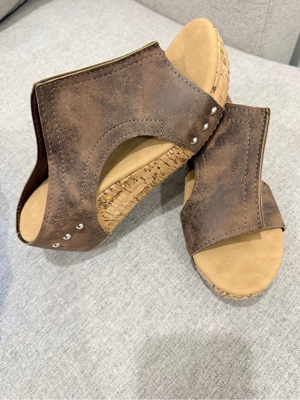 Women’s Brown Cork Wedge Slide Sandals with Stud Detail